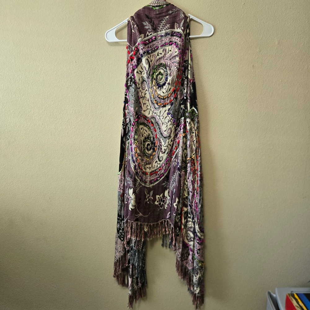 Raj Paisley Embroidered Fringe Vest Artsy Boho Art to Wear Rayon One Size